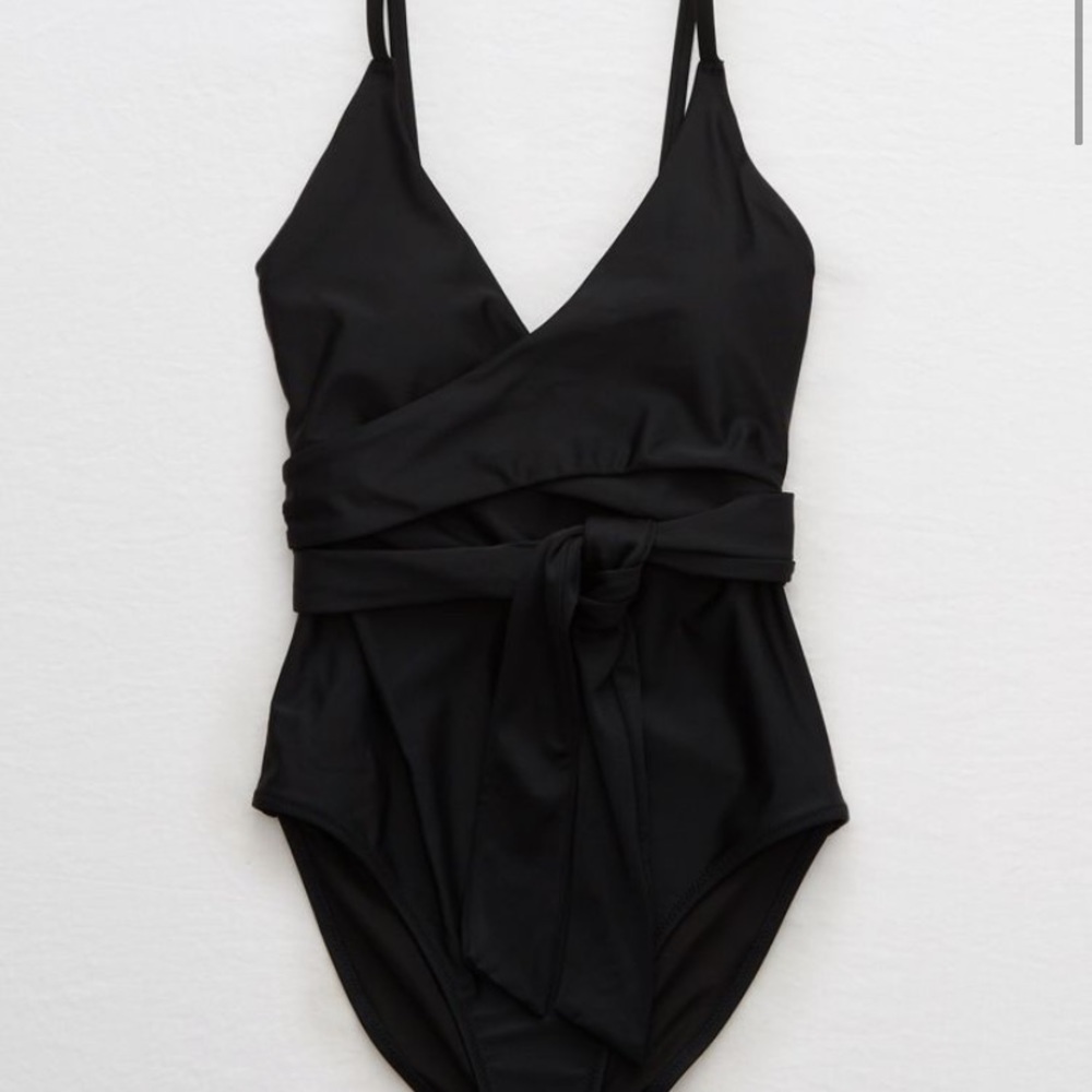 Aerie Wrap One Piece Swimsuit Black Small
